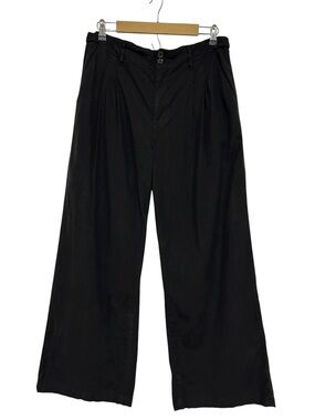 American Eagle Outfitters Linen Blend Black Elastic Waist Wide-Leg Trousers 12R